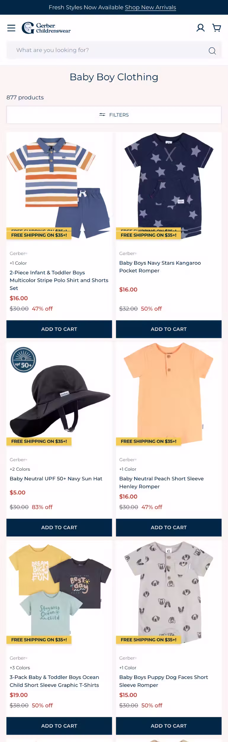 Gerber Childrenswear website mobile